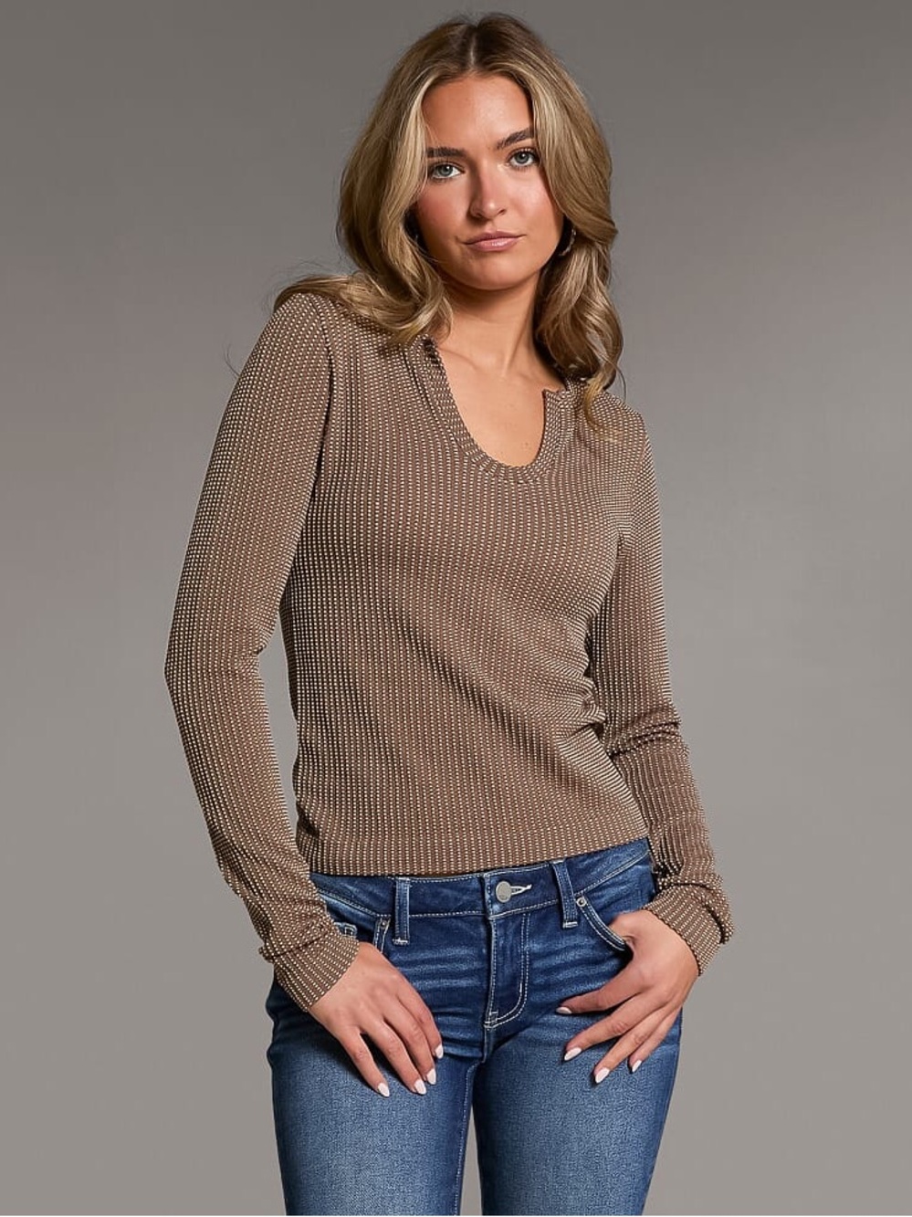NWT BKE Core Textured Top Long Sleeve Knit Peppercorn Brown Stretch S/M